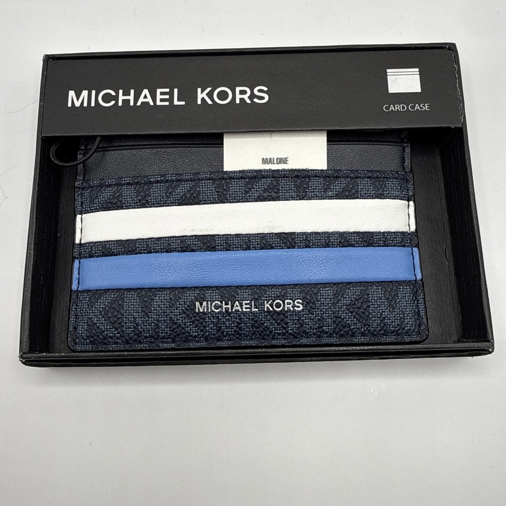 Michael Kors Men's Card Wallet Blue/White/Black Logo Stripe - Picture 4 of 5